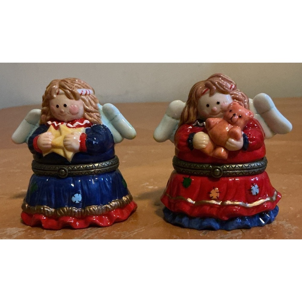 Small Christmas Trinket Holder Angel Holding A Teddy Bear And Stars Set‎ Of 2